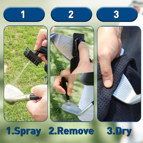 Golf Club Cleaner Brush & Golf Towel - Golf Groove Sharpener Tool with Spray Bottle & Retractable Clip
