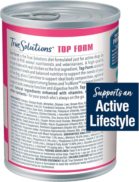 Blue Buffalo True Solutions Top Form Wet Dog Food, Chicken, 12.5-oz. Cans (12 Count) for Active Adult Dogs