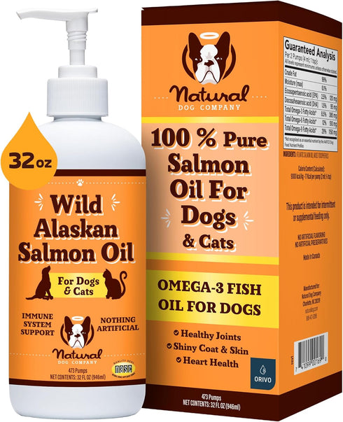 Natural Dog Company Pure Wild Alaskan Salmon Oil for Dogs - 32oz Skin & Coat Supplement with Essential Fatty Acids
