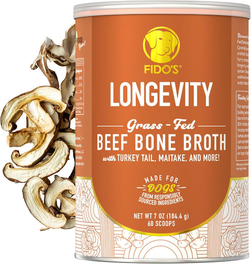 Immune 60 Fido's Longevity Bone Broth for Dogs - Turkey Tail + Maitake Mushroom - Grass-Fed Beef Bone Broth Powder