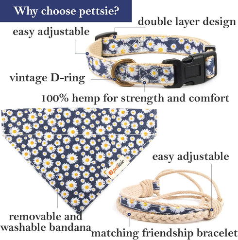 Pettsie Dog Bandana Collar with Matching Bracelet – Adjustable Stylish Pet Bandana for Dogs, Durable Hemp, M, Blue