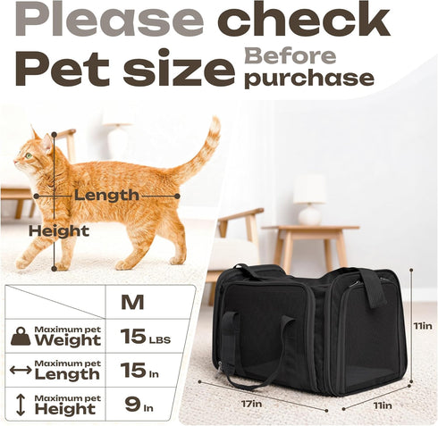 15 lbs, Airline Approved Medium Pet Carrier for Cats & Dogs Foldable Dog Bag with Soft Mat, Breathable Mesh Windows
