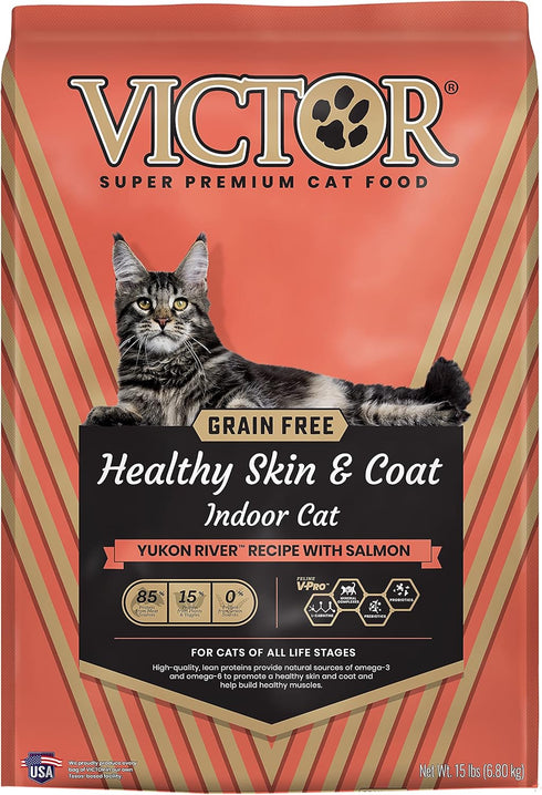 Victor Super Premium Cat Food, 15lb - Grain Free Healthy Skin & Coat, Yukon River Recipe for All Breeds