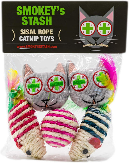 Smokey's Stash Catnip Filled Cat Toys, Sisal Mouse and Ball