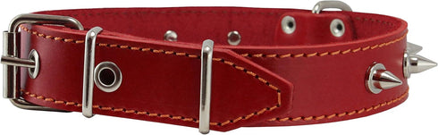 Real Leather Red Spiked Dog Collar Spikes, 1.25" Wide. Fits 15.5"-20" Neck, Medium Breeds