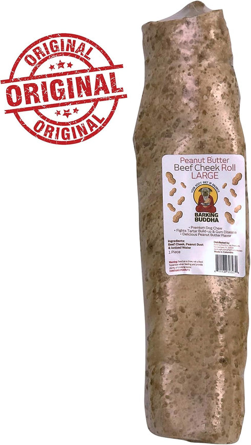 Original Beef Cheek Rolls | Super Thick | Peanut Butter | Large 10-12 Inch (5 Pack) | All Natural Rawhide Alternative