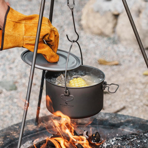 iBasingo Outdoor Titanium Pot with Lid, Folding Handle Camping Cookware for Hiking Picnic, Ultralight Bowl Tableware