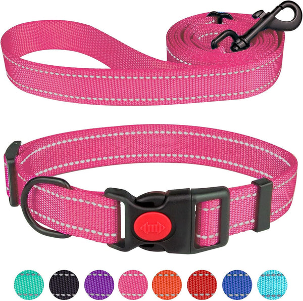 Reflective Dog Collar and Leash Set, Adjustable Nylon Pet Collars for Small Medium Large Dogs, Hot Pink & Size S
