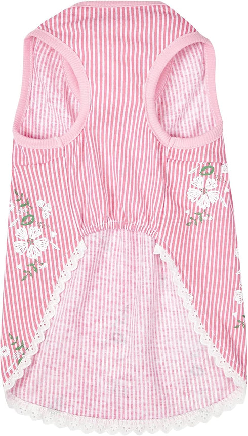 Blueberry Pet Wonderland Floral Sleeveless Dog Dress, Pink Stripe with Peter Pan Collar, Back Length 12", Pack of 1