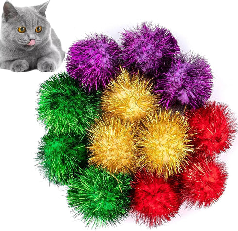 AUEAR 12 Pack 2 Inch Sparkle Ball Shiny Glitter Tinsel Pom Poms, Interactive Cat Balls for Kittens