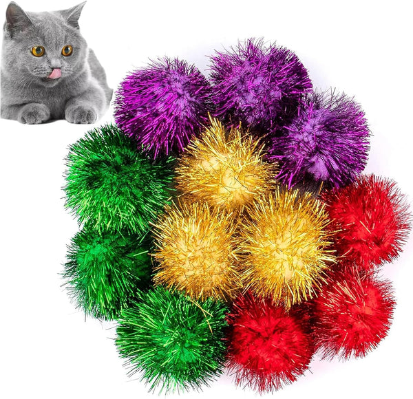 AUEAR 12 Pack 2 Inch Sparkle Ball Shiny Glitter Tinsel Pom Poms, Interactive Cat Balls for Kittens
