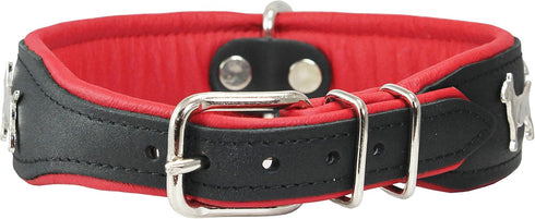 Real Leather Soft Padded Dog Collar, Bull Terrier, 1.75" Wide, (16.75"-19.25" Neck, Black/Red)