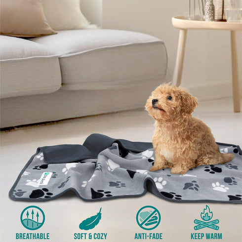 PetAmi Waterproof Dog Blanket - Medium Large Dog Couch Cover, Fleece Washable Throw, 40x60 Paw Print Gray