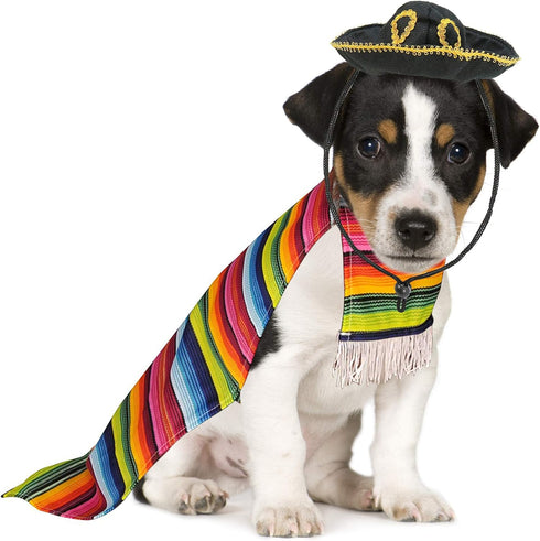 Skeleteen Mexican Serape Dog Costume, Cinco de Mayo Poncho and Sombrero Costumes for Pets (Size L) for Small Breeds