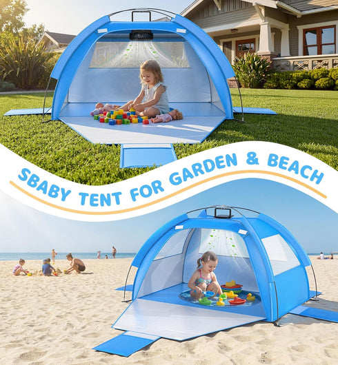Dsquu Baby Beach Tent Solar Cooling Fan, Anti-UV Toddler Beach Tent Sun Shelter Portable Travel Fan Beach Shade Tent