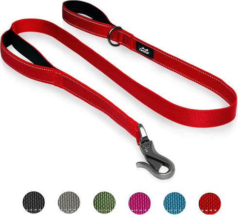 TwoEar 6FT Strong Red Dog Leash with 2 Padded Handles, Traffic Handle for Extra Control for All Dog Sizes