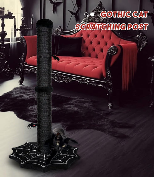 PuzzlePaw Gothic Cat Scratching Post with Spider Dangling Toys for Indoor Cats, Halloween Spooky Cat Scratcher,Activity
