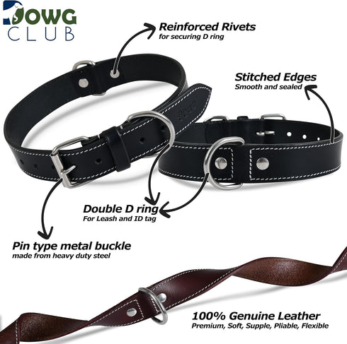 Genuine Leather Dog Collar, Heavy Duty, Adjustable, Ultra Soft, Comfortable, with Double D Rings (L 18”-22”, Rich Black)
