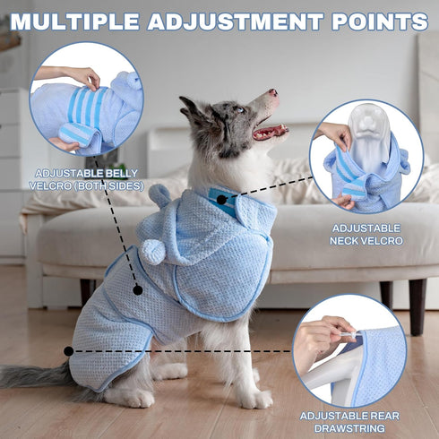 Arblina Dog Bathrobe Towel Wrap, Hooded Double Layer Super Absorbent Dog Drying Coat, Adjustable Warm Bath Robe