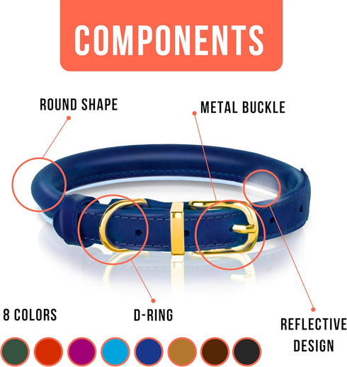 OOPSDOGGY Reflective Rolled Leather Dog Collar - Adjustable Soft Padded Collar for Small Breed Dogs (XXS, 7"-9", Blue)