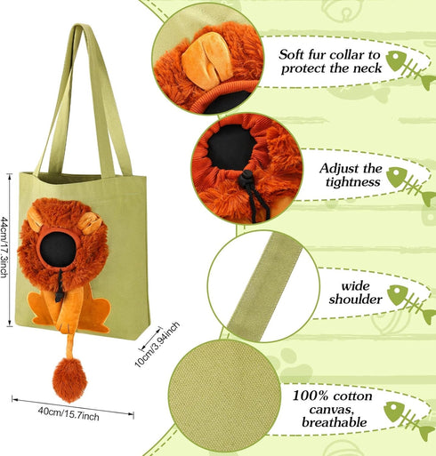 Cunno Portable Pet Canvas Shoulder Bag - Lion Shaped Cute Cat Carrier for Small Cat Dog Animal Supplies (Green)