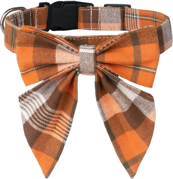 ADOGGYGO Fall Dog Collar with Bow, Adjustable Cotton Orange Bowtie for Small Dogs, Halloween Thanksgiving (Small, Fall)