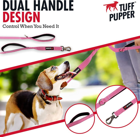 Tuff Pupper Heavy Duty Double Handle Dog Leash - 6 Foot Reflective with Twist Locking Carabiner for Strong Dogs