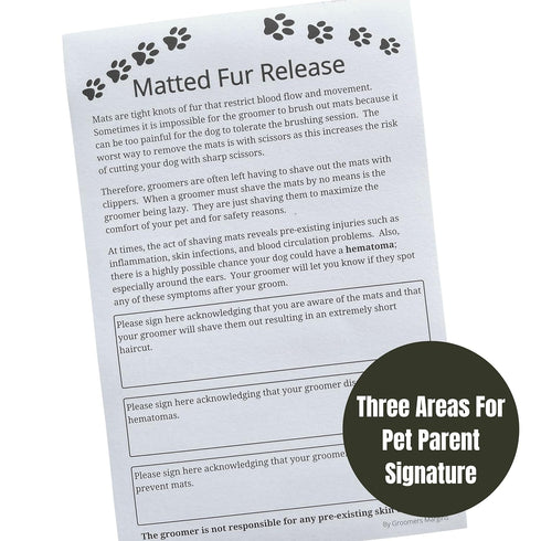 Dog Grooming Matted Fur Release Forms - Pad of 100, 5.5 X 8.5 Inches for Grooming Salon