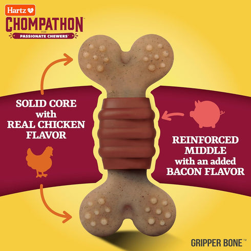 Hartz New Chompathon Gripper Bone Dog Chew Toy - Double Layered Flavored with Chicken & Bacon for Aggressive Chewers