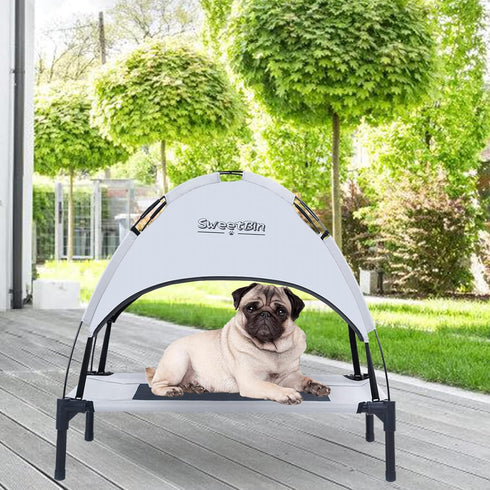 Outdoor Elevated Dog Cot with Canopy & Side Shade for Small Medium Dogs, Portable Cooling Raised Bed with Carry Bag