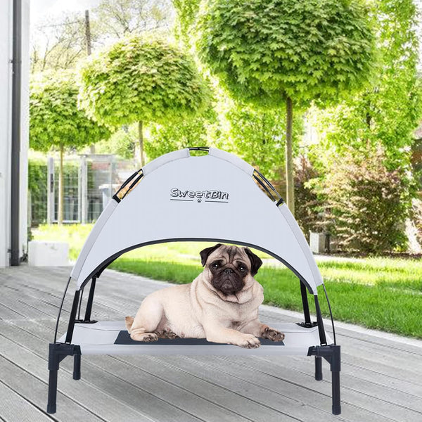 Outdoor Elevated Dog Cot with Canopy & Side Shade for Small Medium Dogs, Portable Cooling Raised Bed with Carry Bag