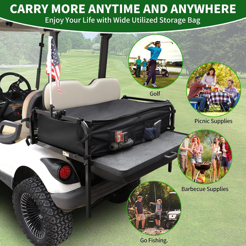 Golf Cart Rear Storage Bag for 4 Passenger EZGO, Club Car, Yamaha, 900D Water-Repellent Cargo Box with Secure Net