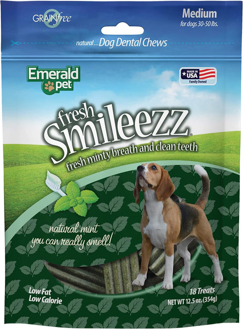 Emerald Pet Fresh Smileezz Grain Free Dog Dental Treats for Medium Breeds, Minty Fresh Breath, 12.5 Oz