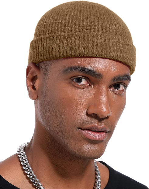 vidsel Thin Wool Fisherman Beanie Hat - Short Knit Cuffed Fashion Trawler Skull Cap for Men & Women