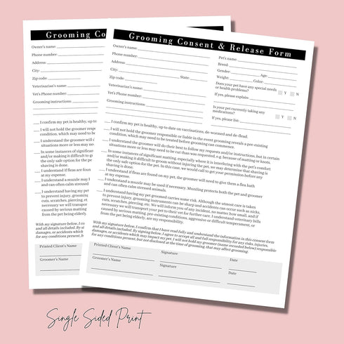 Boutique Marketing Pet Grooming Intake, Consent & Release Form, 50 Pack Standard Paper Size Supplies