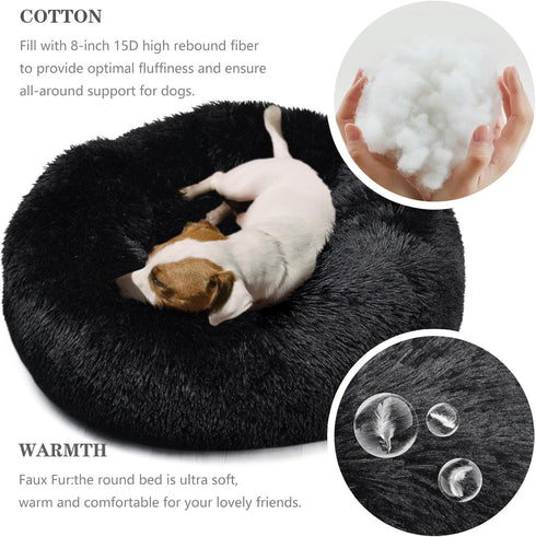 Washable Calming Dog Bed for Medium Dogs, 28 Inch Black Fluffy Anti-Anxiety Faux Fur Round Pet Bed