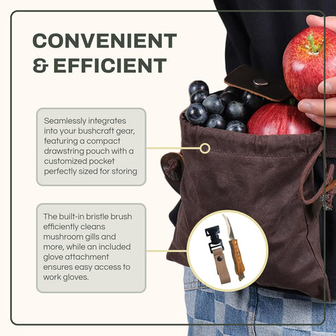 Balanced Oak Mushroom Foraging Kit, Waxed Canvas Foraging Bag, Glove Attachment, and Stainless Steel Foraging Knife