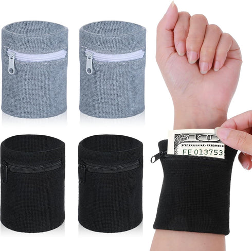 DOPENSPI 4PCS Wrist Wallet, Wrist Sweatband with Zipper Breathable Wristbands Ankle Wallet Coin