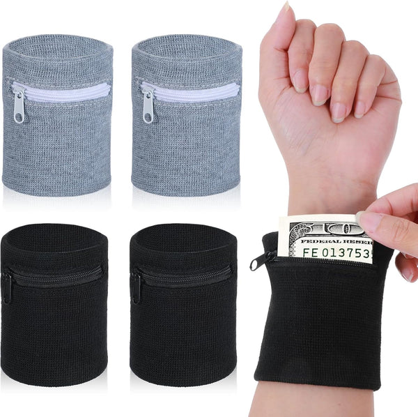 DOPENSPI 4PCS Wrist Wallet, Wrist Sweatband with Zipper Breathable Wristbands Ankle Wallet Coin