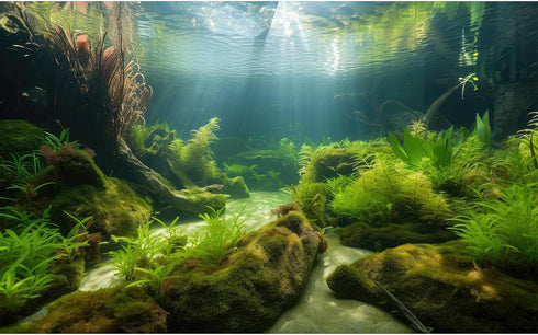 Durable Vinyl Ocean Floor Fish Tank Background, Underwater Stone Cave Sunlight Decoration, 48x18in Aquarium Backdrop