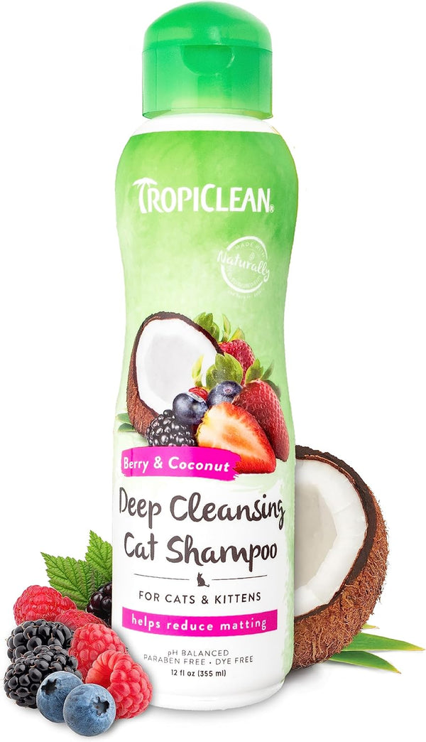 TropiClean Berry & Coconut Deep Cleansing Cat Shampoo | Natural Ingredients | Reduces Matting | Made in The USA | 12 oz
