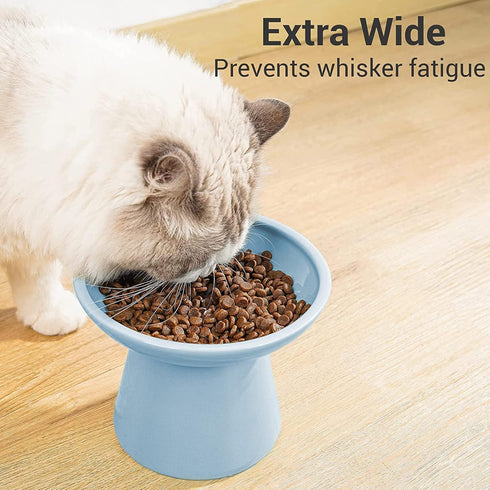 Extra Wide Elevated Cat Bowls - Ceramic Cat Food Bowl 6.2" Raised Cat Food Bowls Elevated Shallow Cat Food Dish, Whisker Fatigue, Lead & Cadmium Free, 5" Good Height for Cat Feeding, Blue