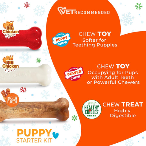 2 1 25 lbs, 3 Pack Nylabone Puppy Starter Kit, Teething Toys and Natural Treat for Puppies, Chicken & Bacon Flavor