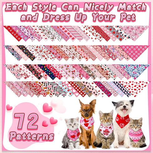 72 Packs Reginary Valentines Day Dog Bandanas Heart Adjustable Pet Bandanas Triangle Scarf Dog Bibs for Pet Costume
