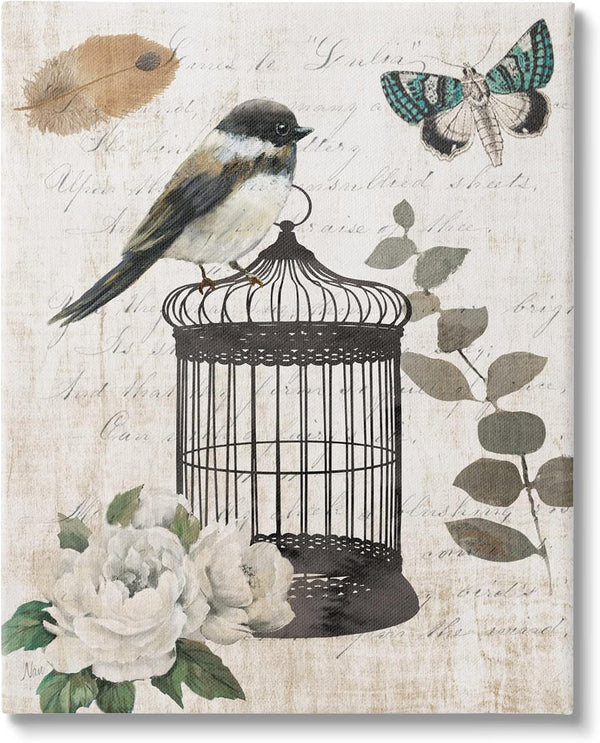 Stupell Industries Vintage Bird Cage Canvas Wall Art, Butterfly Floral Script Design by Nan