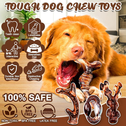 4 Pack Tough Indestructible Dog Chew Toys with Bacon Flavor - Durable Nylon Bones for Large Medium Breed
