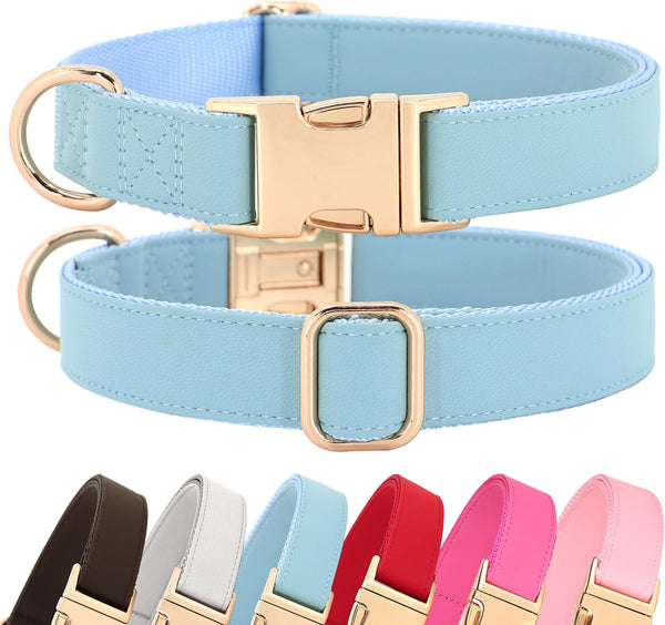 PET ARTIST Soft Leather Dog Collar, Heavy Duty Adjustable Nylon Collar with Quick Release Buckle, Blue, Neck Fit 9-14"