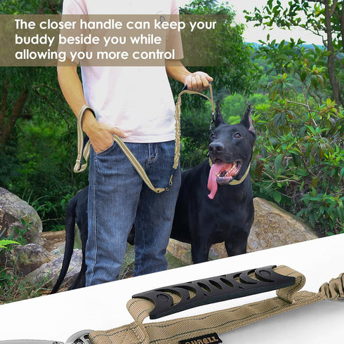 Tactical Dog Leash Heavy Duty 4-6ft, No Pull Bungee for Medium Large Dogs with Padded Double Handle, Brown