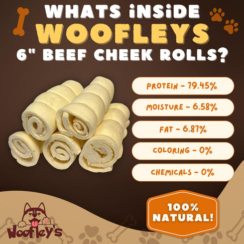 Woofley's 5-6" -(10 Count)- Buffalo Beef Cheek Roll Beef Cheek Rolls for Dogs - Long Lasting Natural Dog Chews