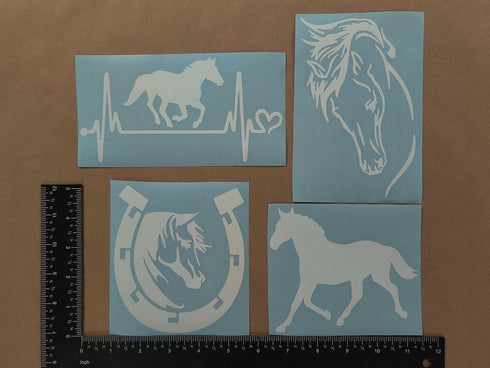 Horse Decal Pack: Large 5" Heartbeat, Galloping, Horseshoe, Detailed Horse Head (White)